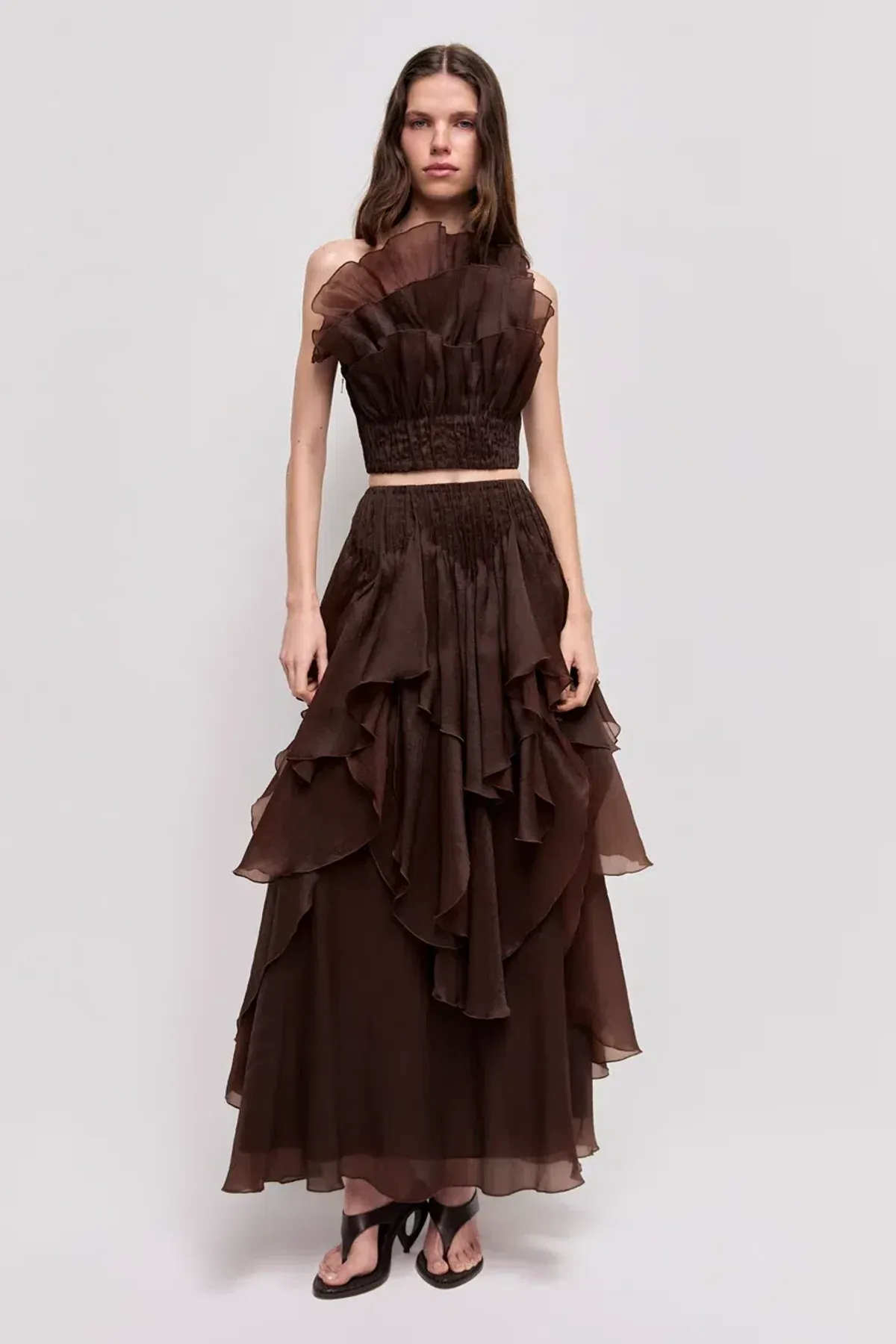 AJE Leigh Top & Maxi Skirt Set – Chocolate Brown – Size AU 8 🤎 for rent on The Volte - main image
