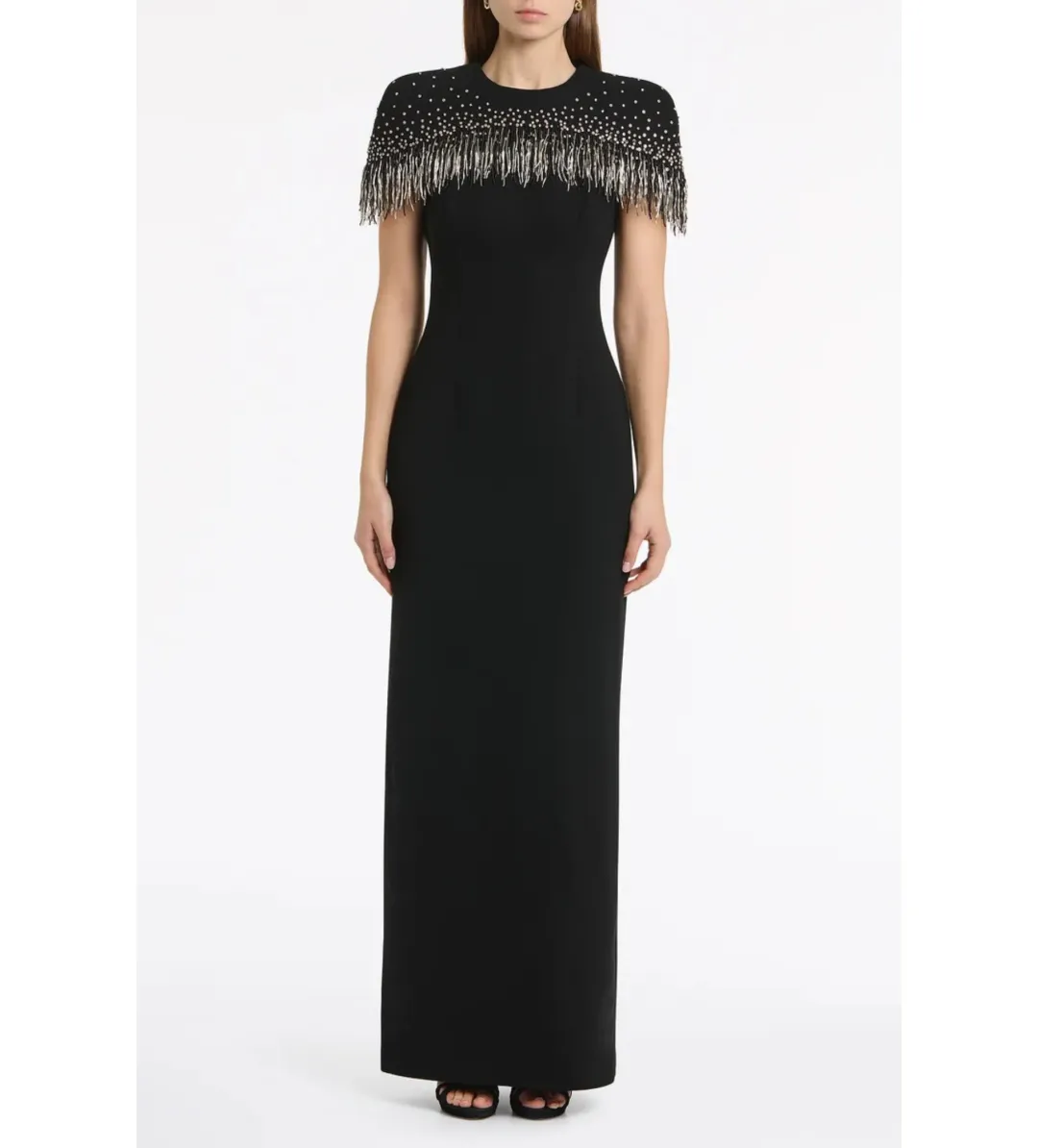 Carla Zampatti Crepe Fringe Cape Gown in Black Size AU8 for rent on The Volte - main image