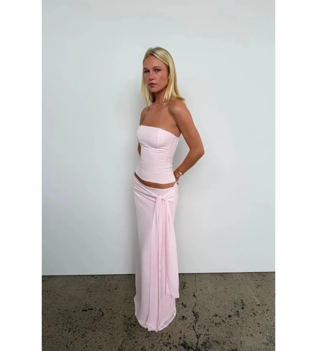 Sabelle Charlotte Corset Top and Maxi Skirt Set in Ballerina Pink Size AU8 for rent on The Volte - main image