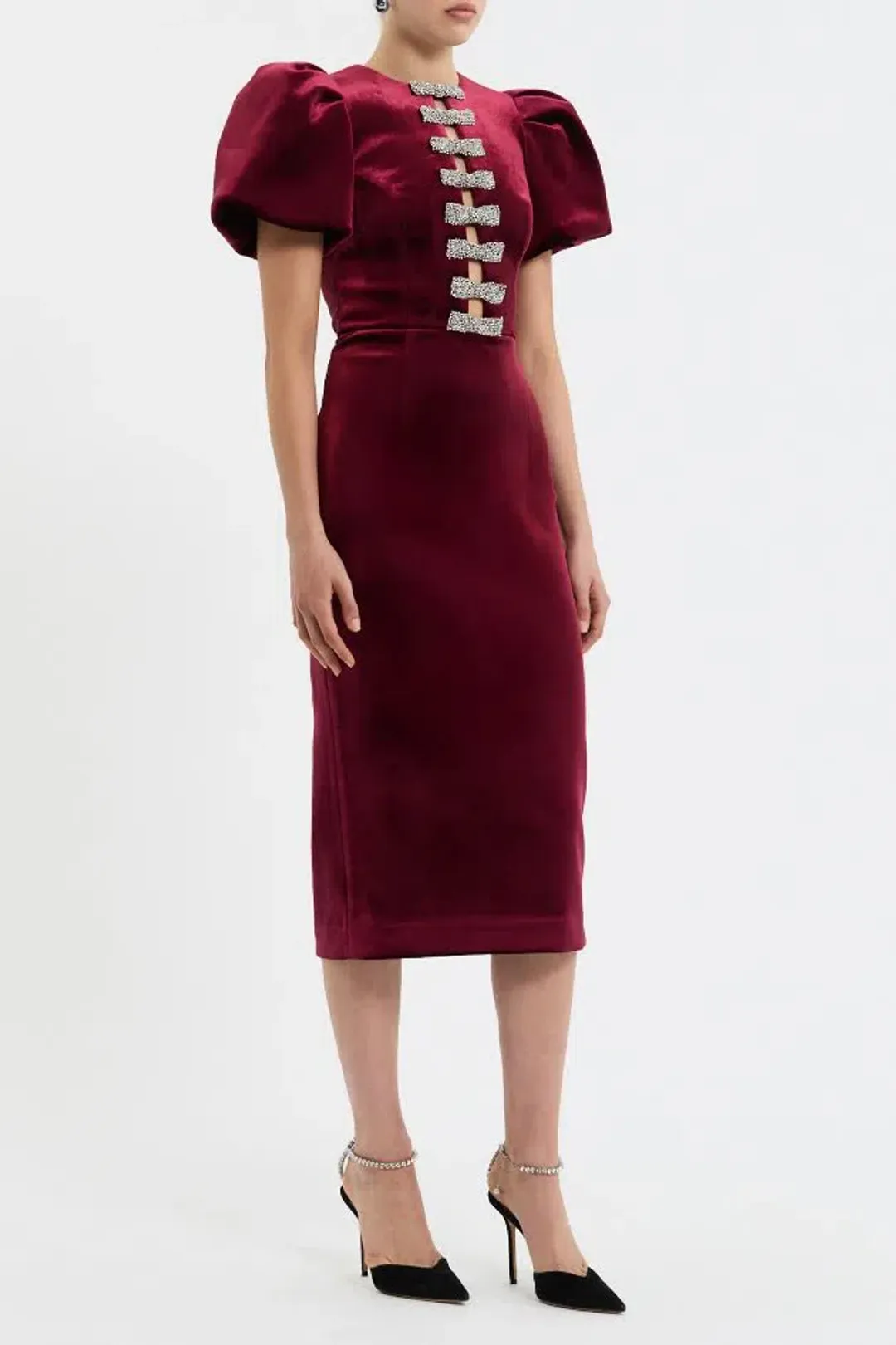 BRAND NEW ♥️ Rebecca Vallance Edwiena Puff Sleeve Midi Dress – Size 8 AU - Burgundy Wine Velvet ♥️ for rent on The Volte - main image