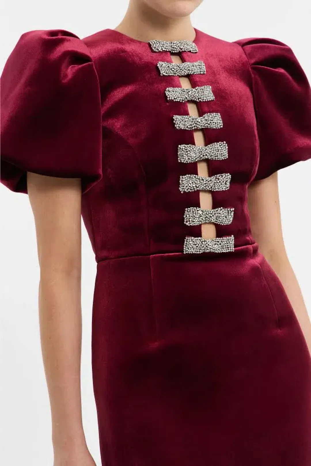 BRAND NEW ♥️ Rebecca Vallance Edwiena Puff Sleeve Midi Dress – Size 8 AU - Burgundy Wine Velvet ♥️ for rent on The Volte - main image