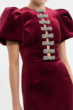 BRAND NEW ♥️ Rebecca Vallance Edwiena Puff Sleeve Midi Dress – Size 8 AU - Burgundy Wine Velvet ♥️ for rent on The Volte - image 2