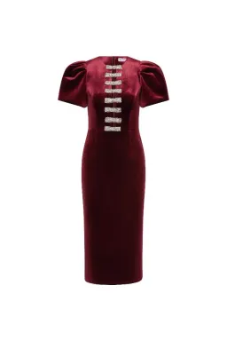 BRAND NEW ♥️ Rebecca Vallance Edwiena Puff Sleeve Midi Dress – Size 8 AU - Burgundy Wine Velvet ♥️ for rent on The Volte - image 3
