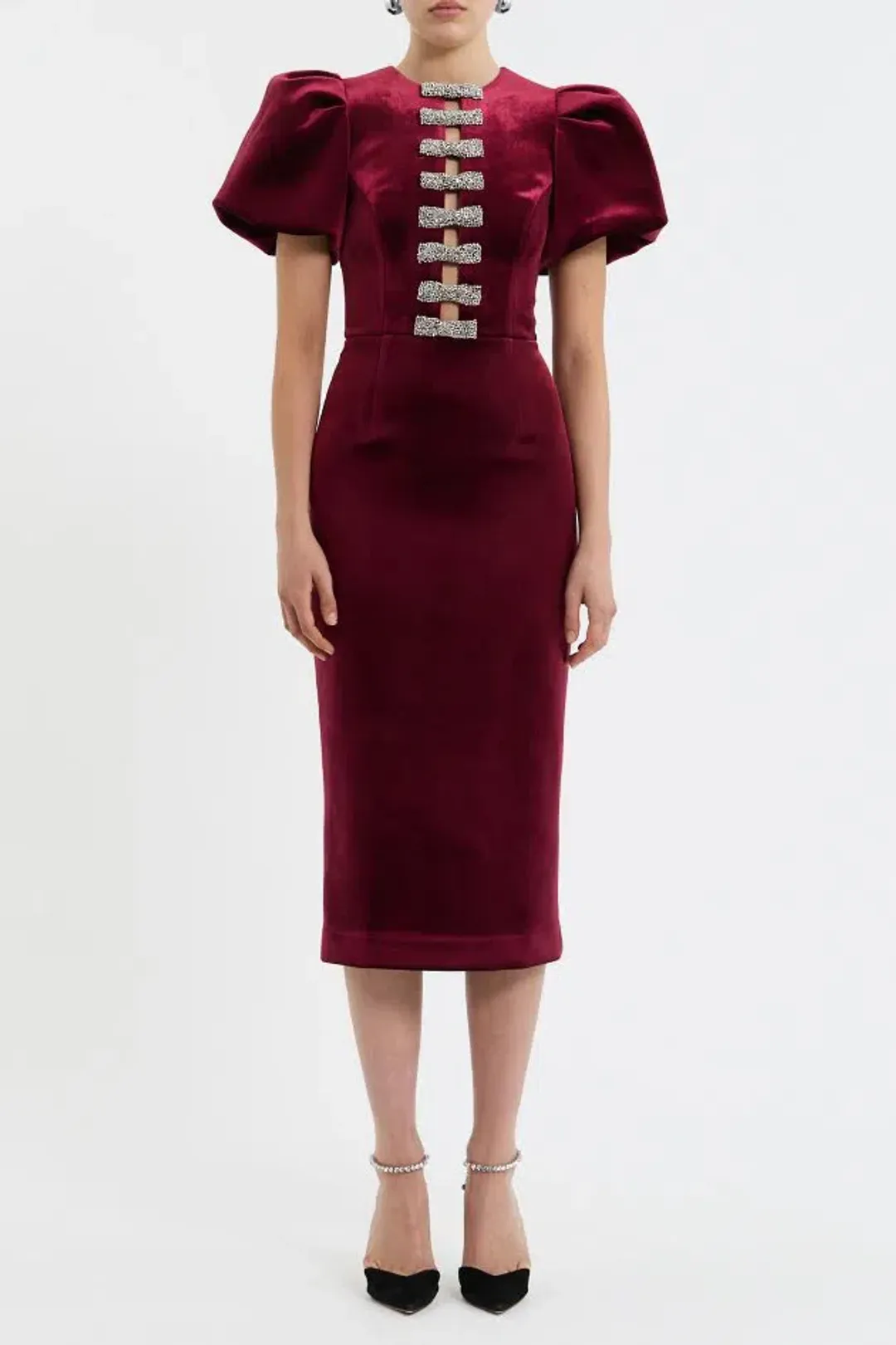 BRAND NEW ♥️ Rebecca Vallance Edwiena Puff Sleeve Midi Dress – Size 8 AU - Burgundy Wine Velvet ♥️ for rent on The Volte - main image
