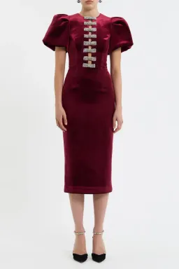 BRAND NEW ♥️ Rebecca Vallance Edwiena Puff Sleeve Midi Dress – Size 8 AU - Burgundy Wine Velvet ♥️ for rent on The Volte - image 4