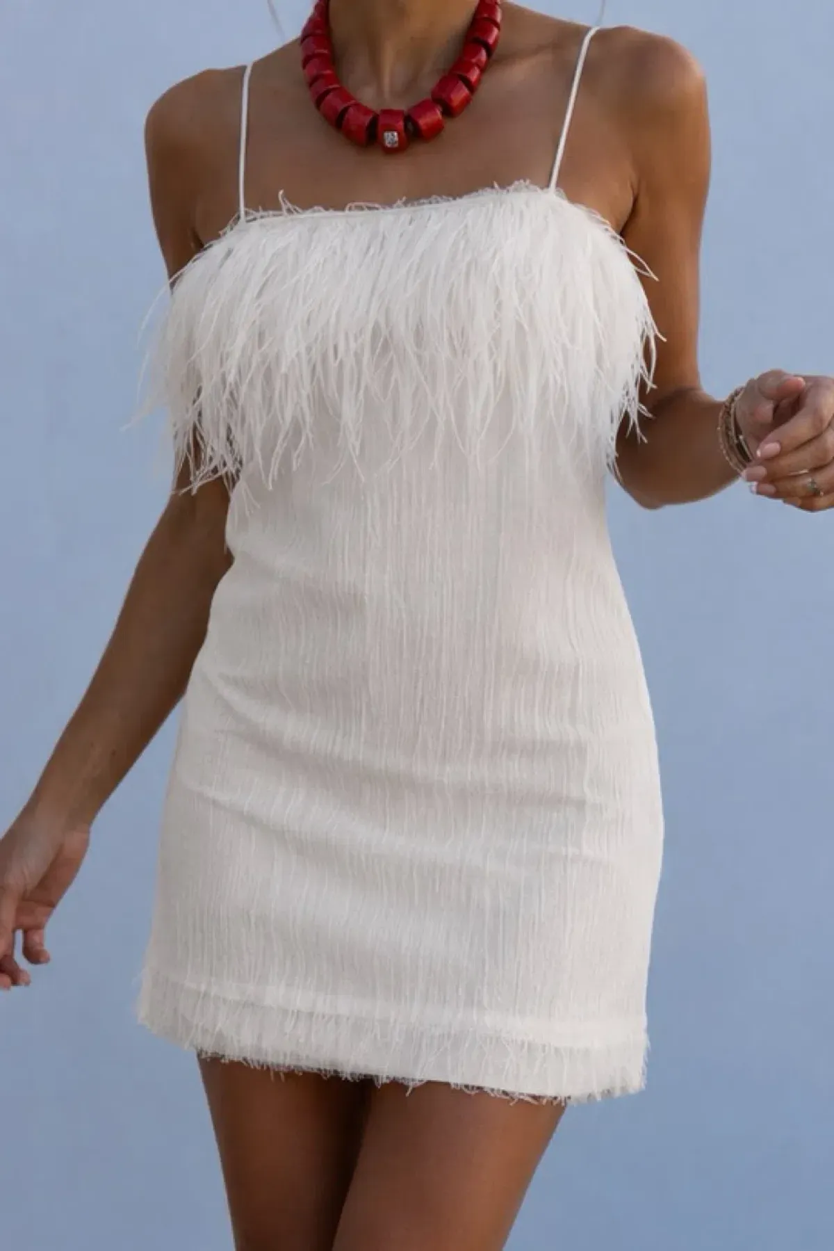 AJE Ostrich Feather Mini Dress in Ivory White Size AU 8 for rent on The Volte - main image