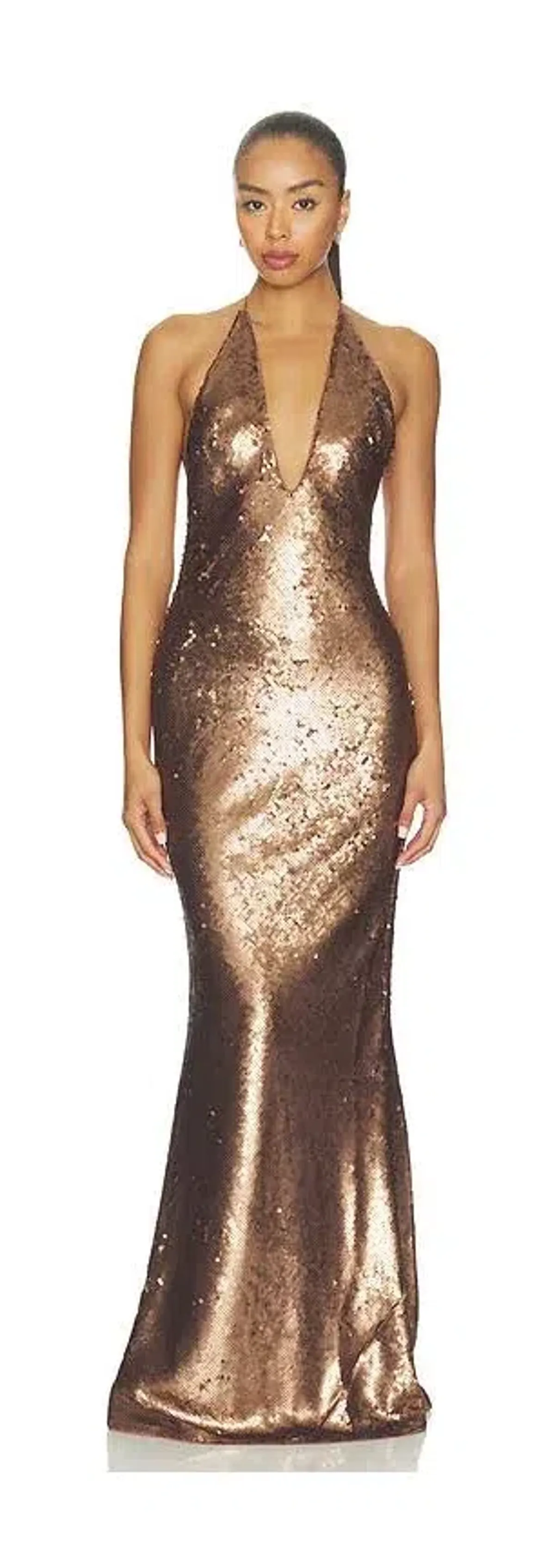 🤎 Misha "THE PLUNGE" Sequin Jersey Maxi Dress - Size XS / 6 AU - Mocha Bronze Brown Gown 🤎 for rent on The Volte - main image