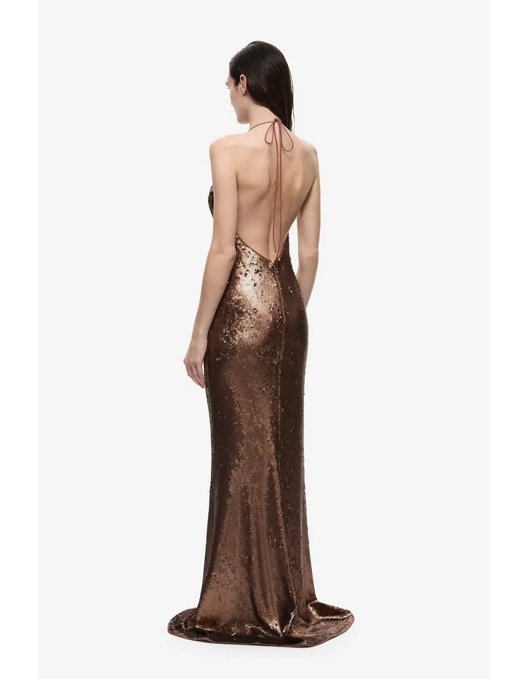 🤎 Misha "THE PLUNGE" Sequin Jersey Maxi Dress - Size M / 10 AU - Mocha Bronze Brown Gown 🤎 for rent on The Volte - main image