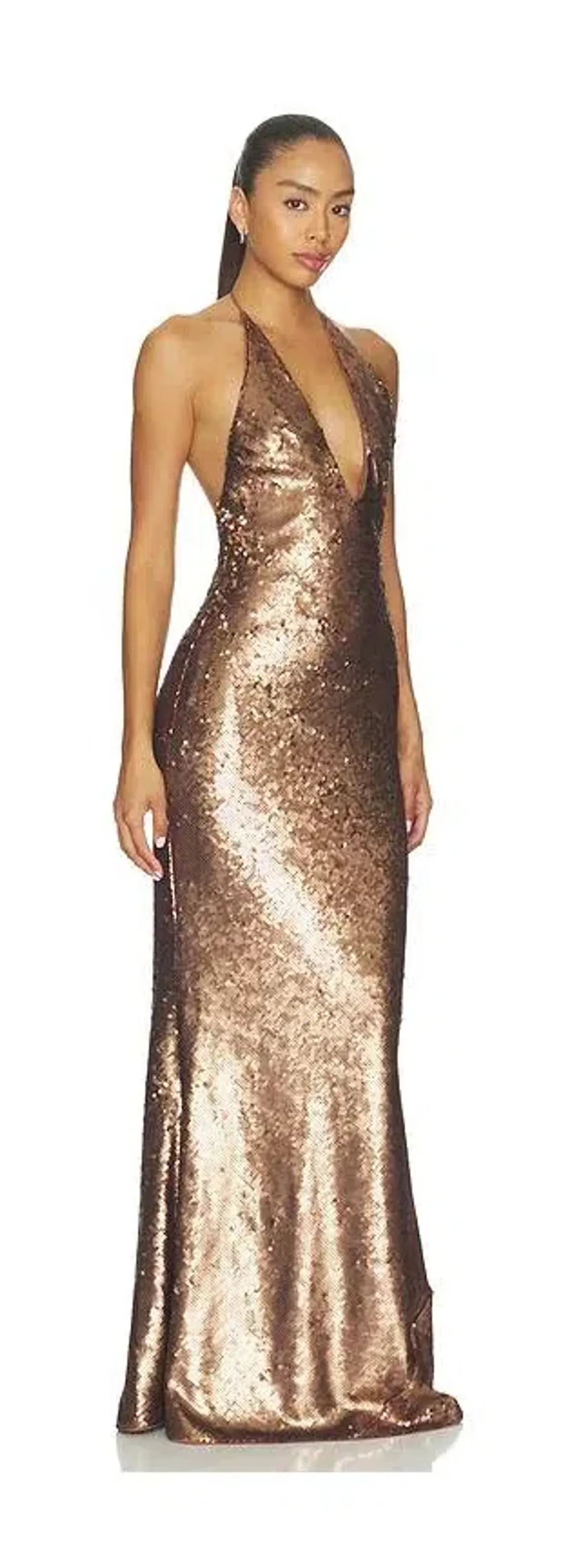 🤎 Misha "THE PLUNGE" Sequin Jersey Maxi Dress - Size M / 10 AU - Mocha Bronze Brown Gown 🤎 - Image 1