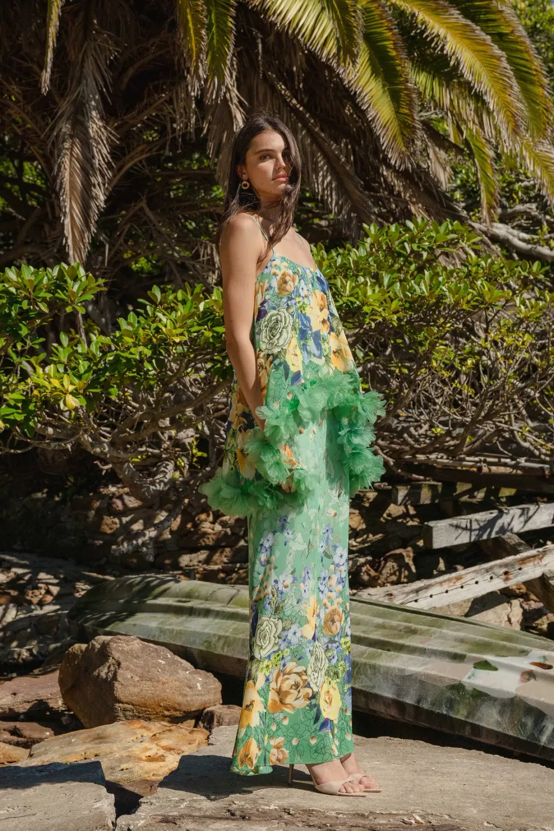 Elliatt Jamie Tiered Maxi Dress in Green Floral Size M / AU 10 for rent on The Volte - main image
