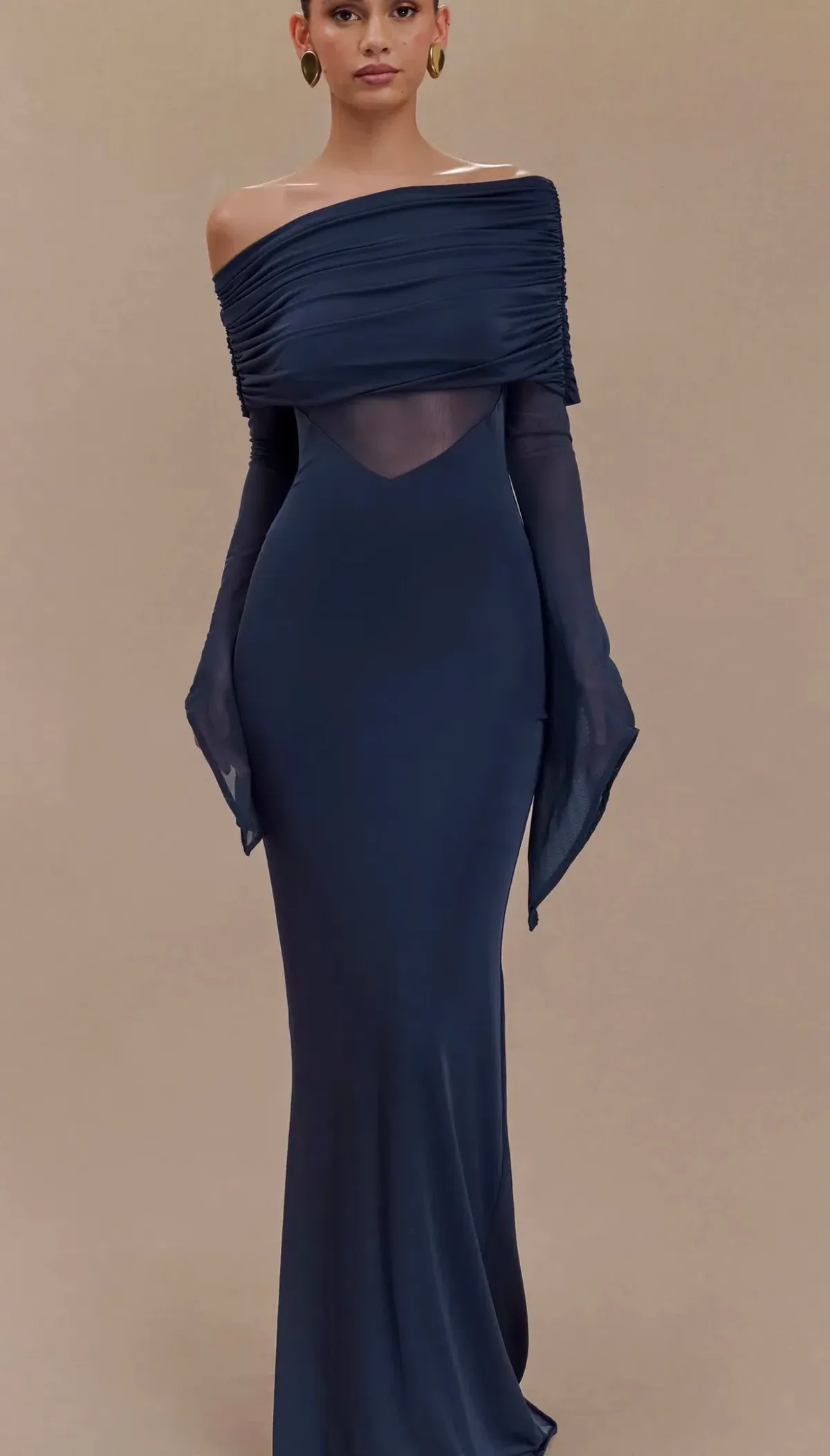 One Shoulder Slinky And Mesh Maxi Dress - Midnight Blue - Size 10 - Image 3