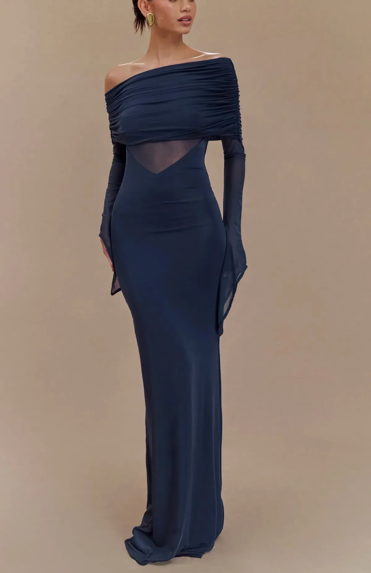One Shoulder Slinky And Mesh Maxi Dress - Midnight Blue - Size 10 - Image 1