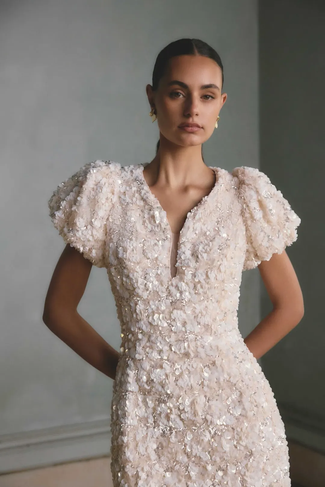 Elliatt Silvana Sequin Puff Sleeve Mini Dress Cream Size L for rent on The Volte - main image