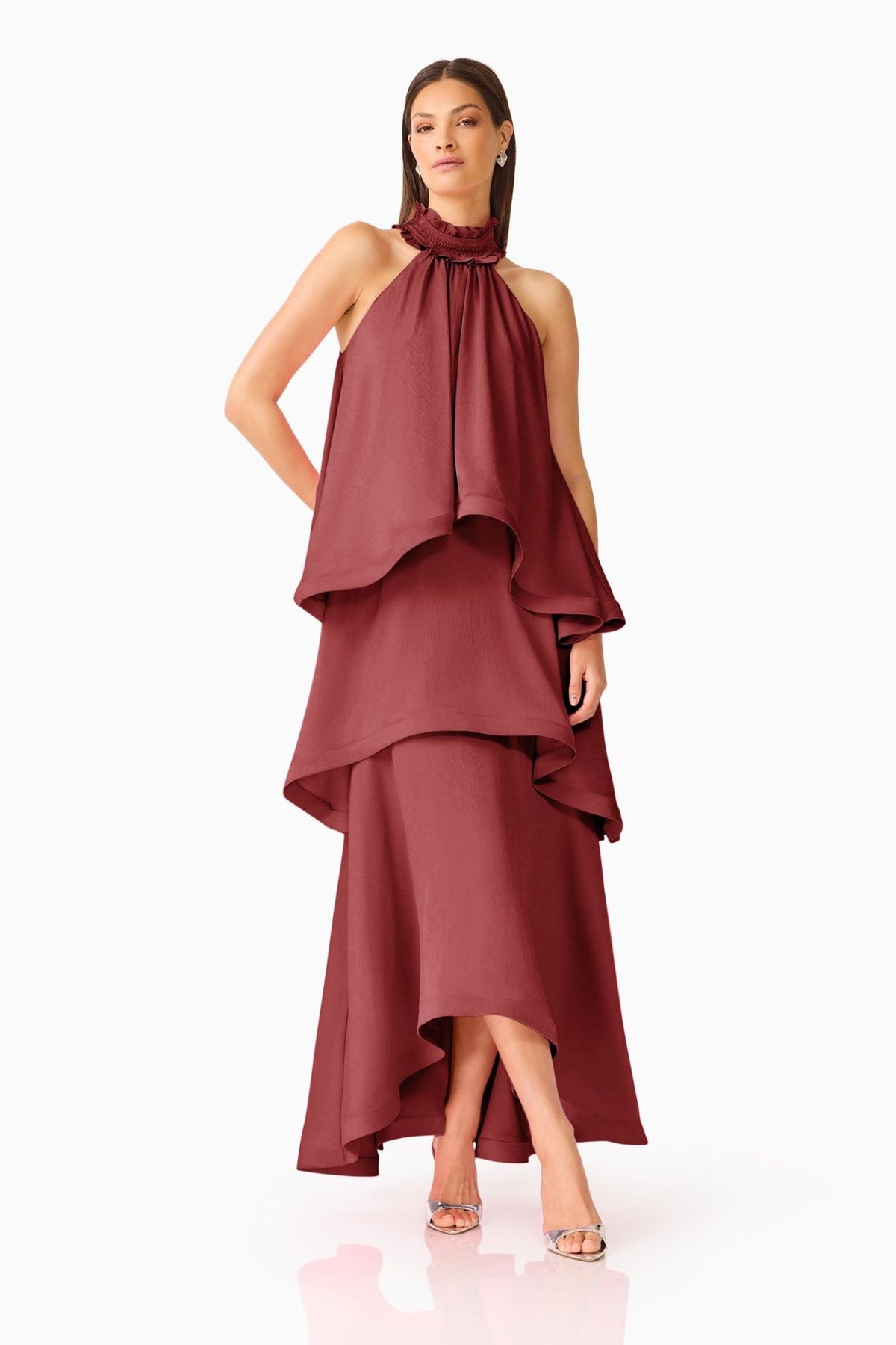 Elliatt Calista Ruffle Neck Tiered Gown Burgundy Size L - Image 5