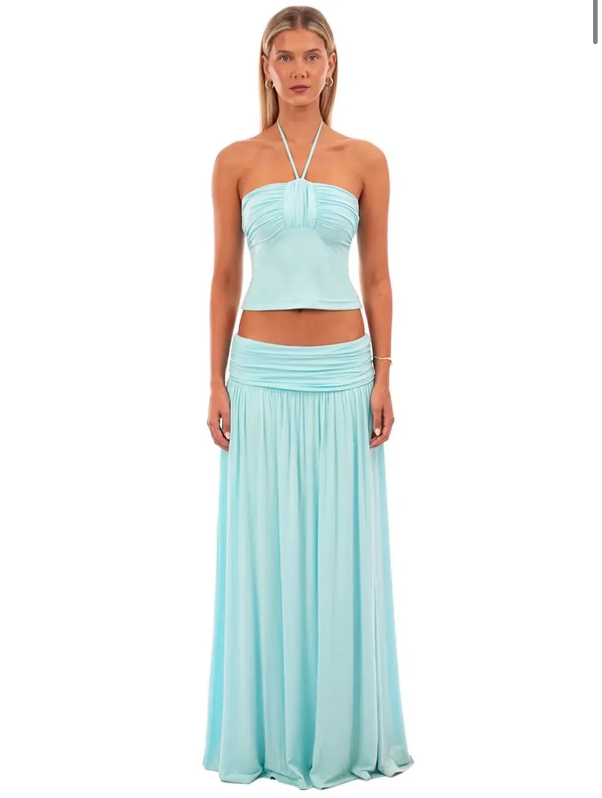I AM DELILAH Mariella Halter Top and Maxi Skirt in Aqua Size S for rent on The Volte - main image