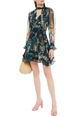 Zimmermann Wavelength Scallop Ruffled Mini Wrap Dress Teal Daphne Floral Size 8 for rent on The Volte - image 2
