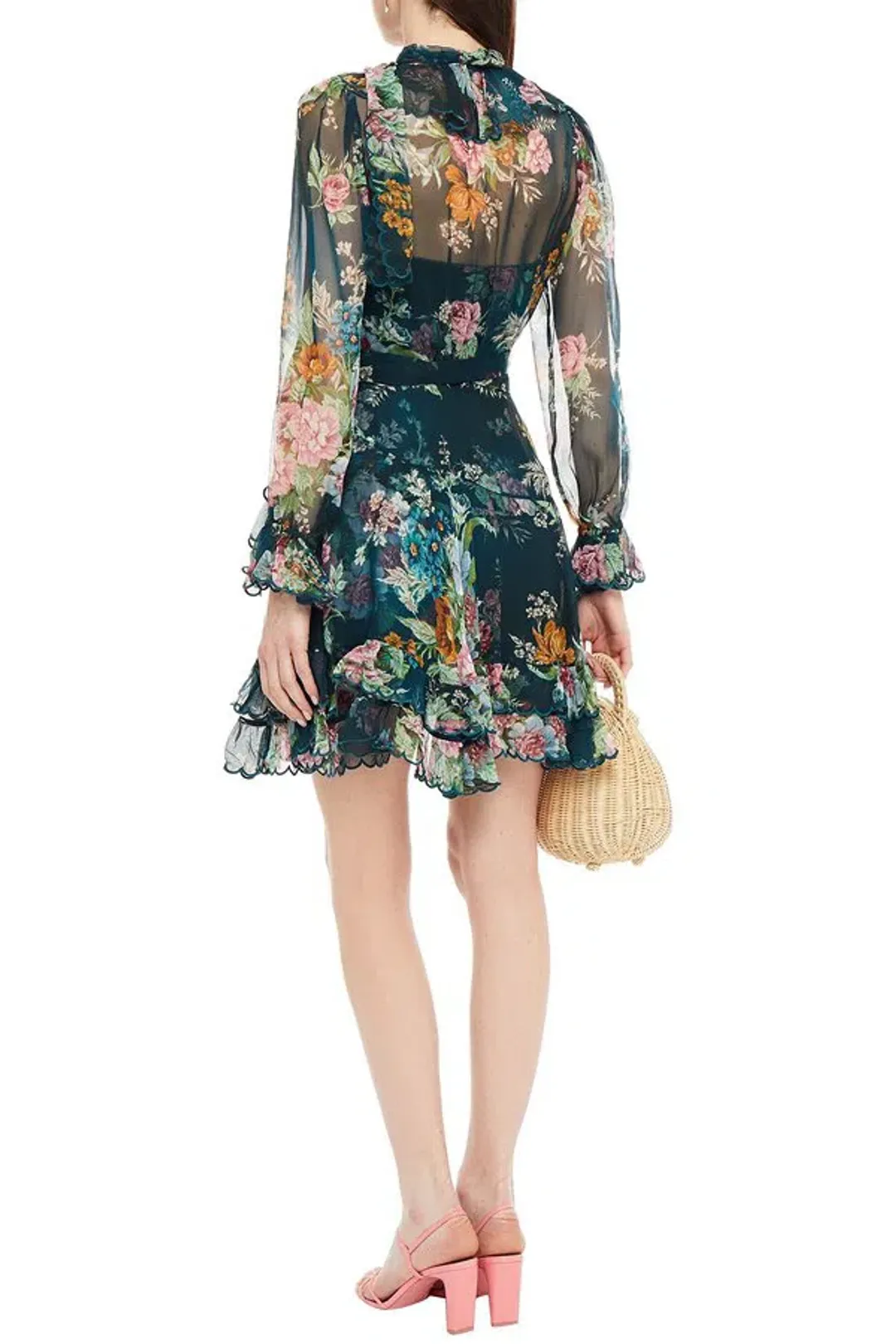 Zimmermann Wavelength Scallop Ruffled Mini Wrap Dress Teal Daphne Floral Size 8 for rent on The Volte - main image