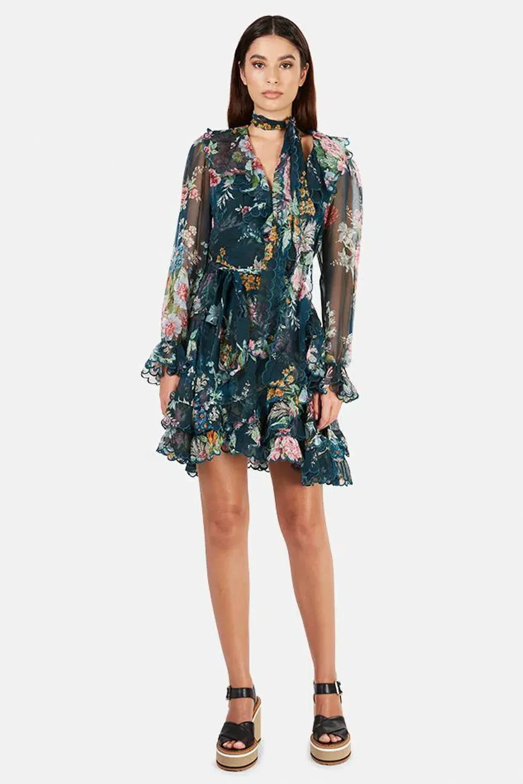 Zimmermann Wavelength Scallop Ruffled Mini Wrap Dress Teal Daphne Floral Size 8 for rent on The Volte - main image
