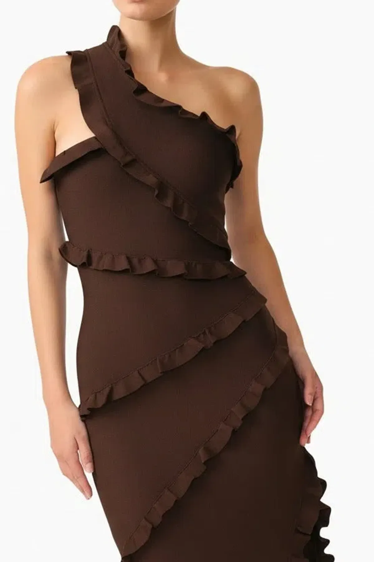 Elliatt Floriana Asymmetric Neck Gown Brown Size XL - Image 3