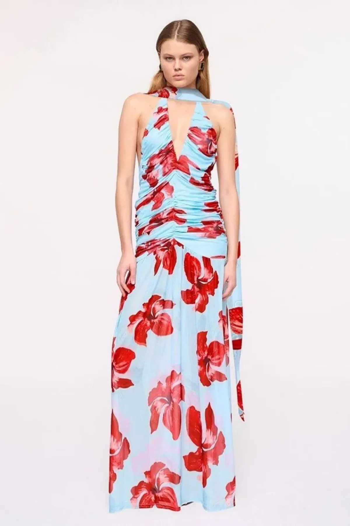 Chloe Floral Halter Mesh Plunge Maxi Dress – Blue Pink By Suboo Size S - Image 1