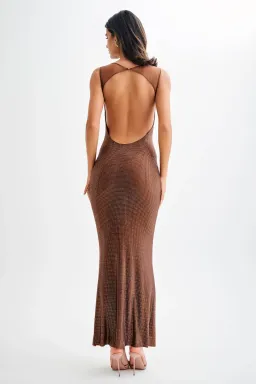 Jasmyn Hot Fix Maxi Dress With Mesh Back - Chocolate, size XS for rent on The Volte - image 4