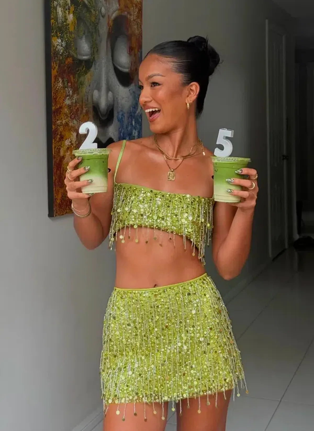 Yasmin Hand Beaded Set Chartreuse Green - Image 1