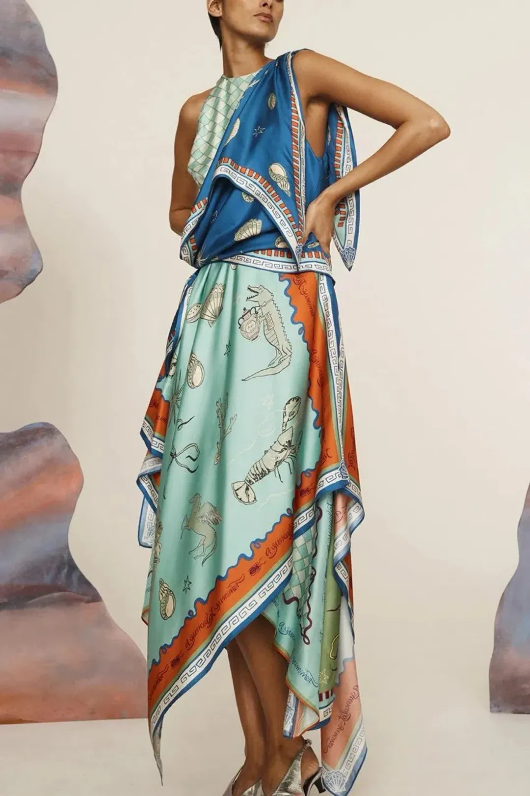ALEMAIS Surrealist Summer Scarf Midi Dress Blue Size 8 AU for rent on The Volte - main image