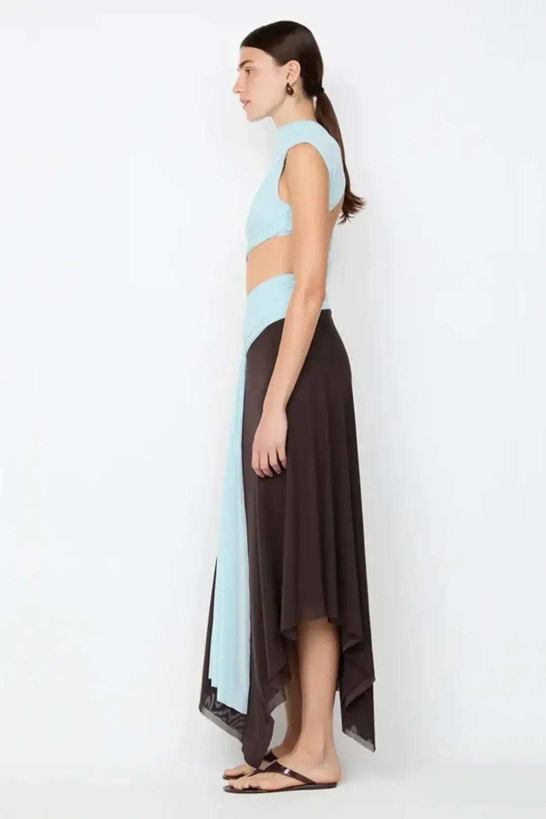 Bec & Bridge Conni Asym Midi Dress Blue/Dark Choc Size M (10) for rent on The Volte - main image