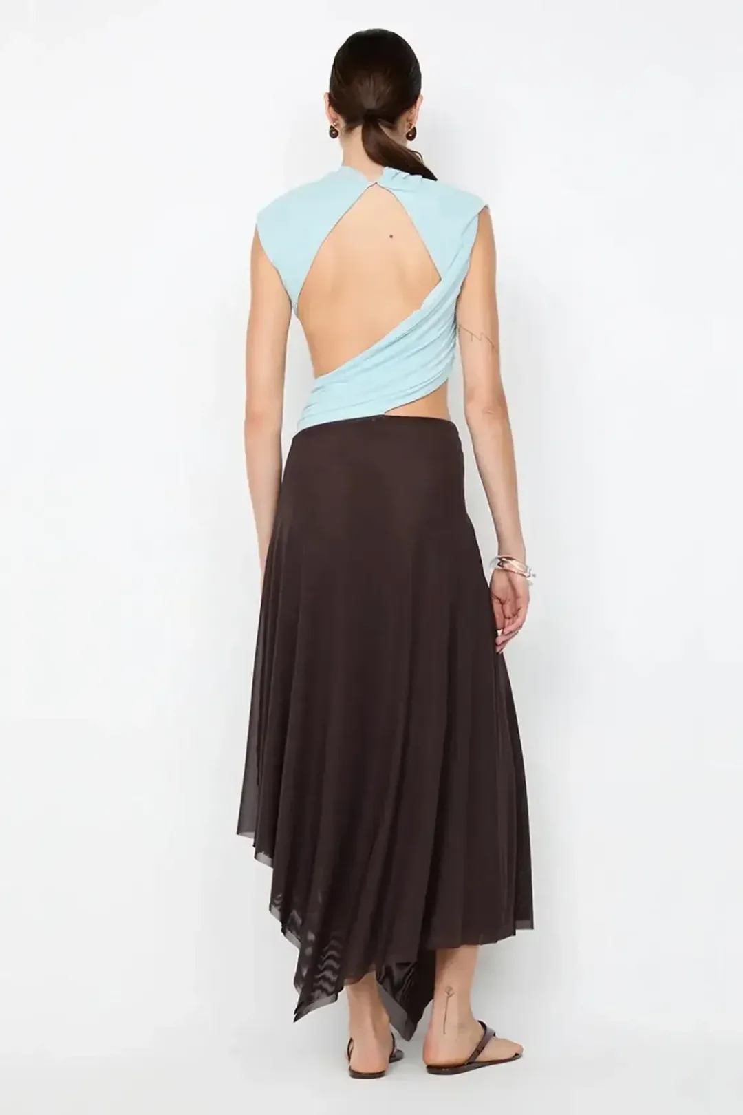 Bec & Bridge Conni Asym Midi Dress Blue/Dark Choc Size M (10) for rent on The Volte - main image