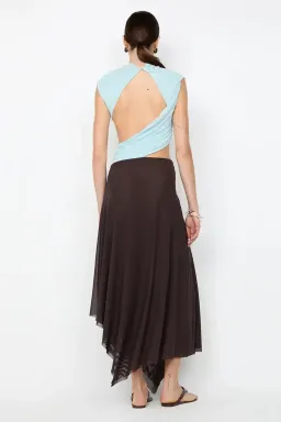 Bec & Bridge Conni Asym Midi Dress Blue/Dark Choc Size M (10) for rent on The Volte - image 3