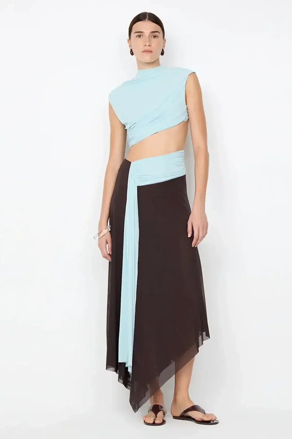 Bec & Bridge Conni Asym Midi Dress Blue/Dark Choc Size M (10) for rent on The Volte - main image