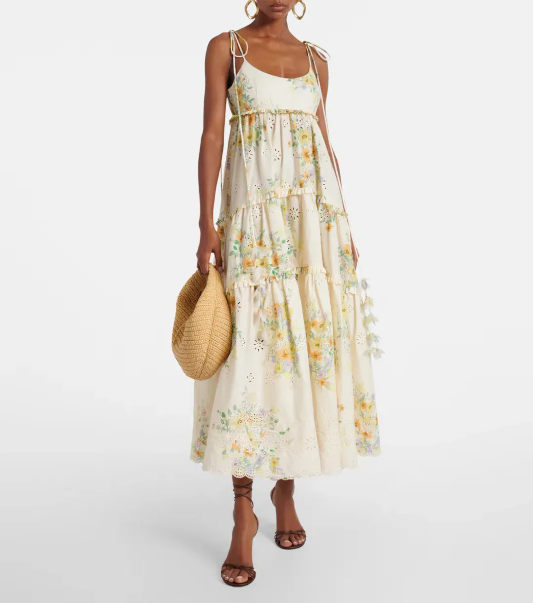 ALEMAIS Juliette Floral Tiered Cotton Midi Dress Cream Size 10 AU for rent on The Volte - main image