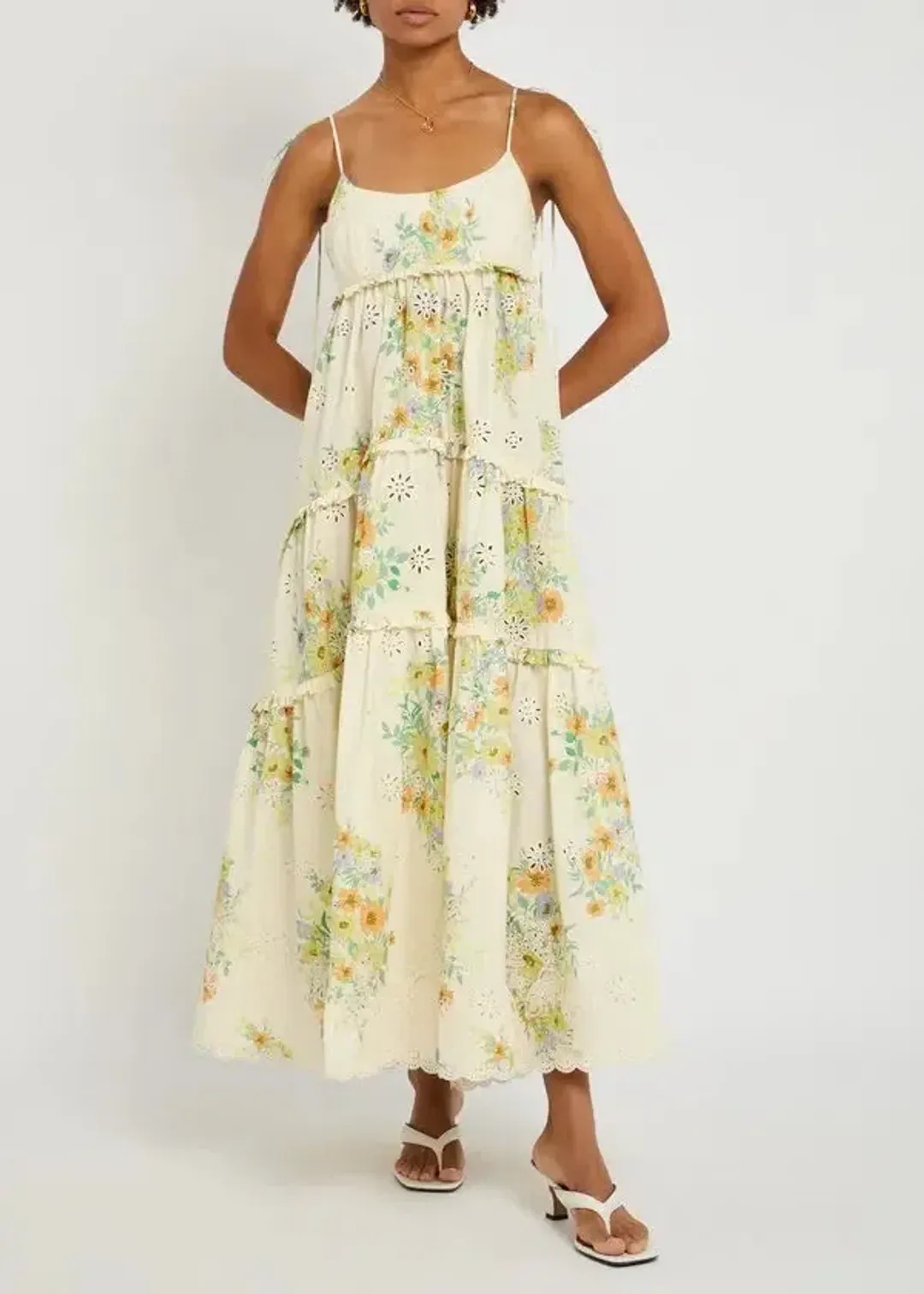 ALEMAIS Juliette Floral Tiered Cotton Midi Dress Cream Size 10 AU for rent on The Volte - main image