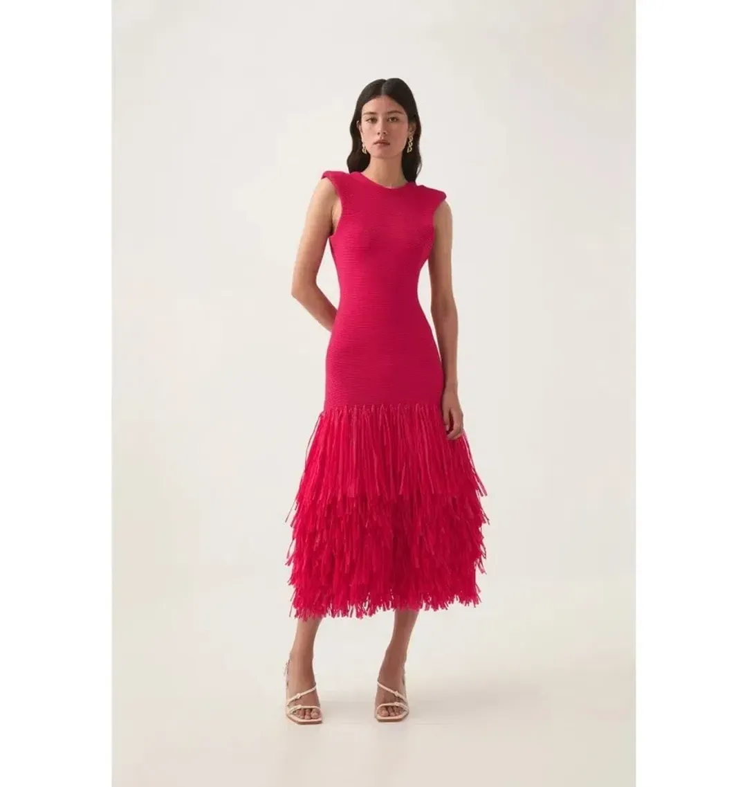 Aje Raffia Knit Midi Dress Deep Fuschia Size XS / AU 6 for rent on The Volte - main image