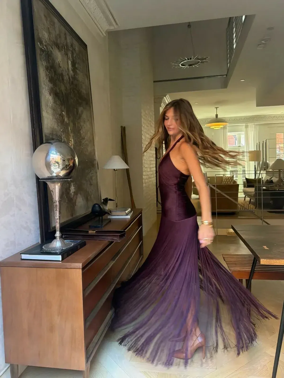 Meshki Tiffany Fringe Maxi Dress Plum Size S - Image 5