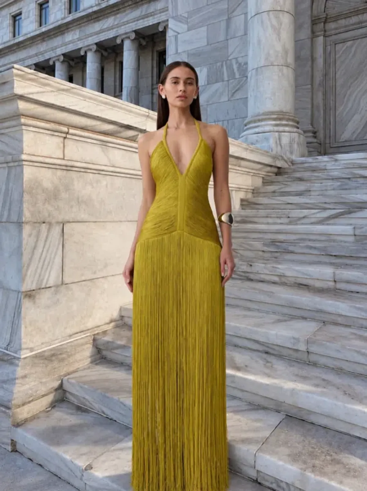 Meshki Tiffany Fringe Maxi Dress in Chartreuse Size 8 for rent on The Volte - main image