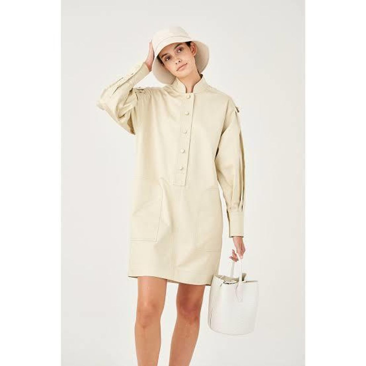 Oroton Cotton Linen Full Sleeve Tunic Dress Cream Size 8 - Image 3