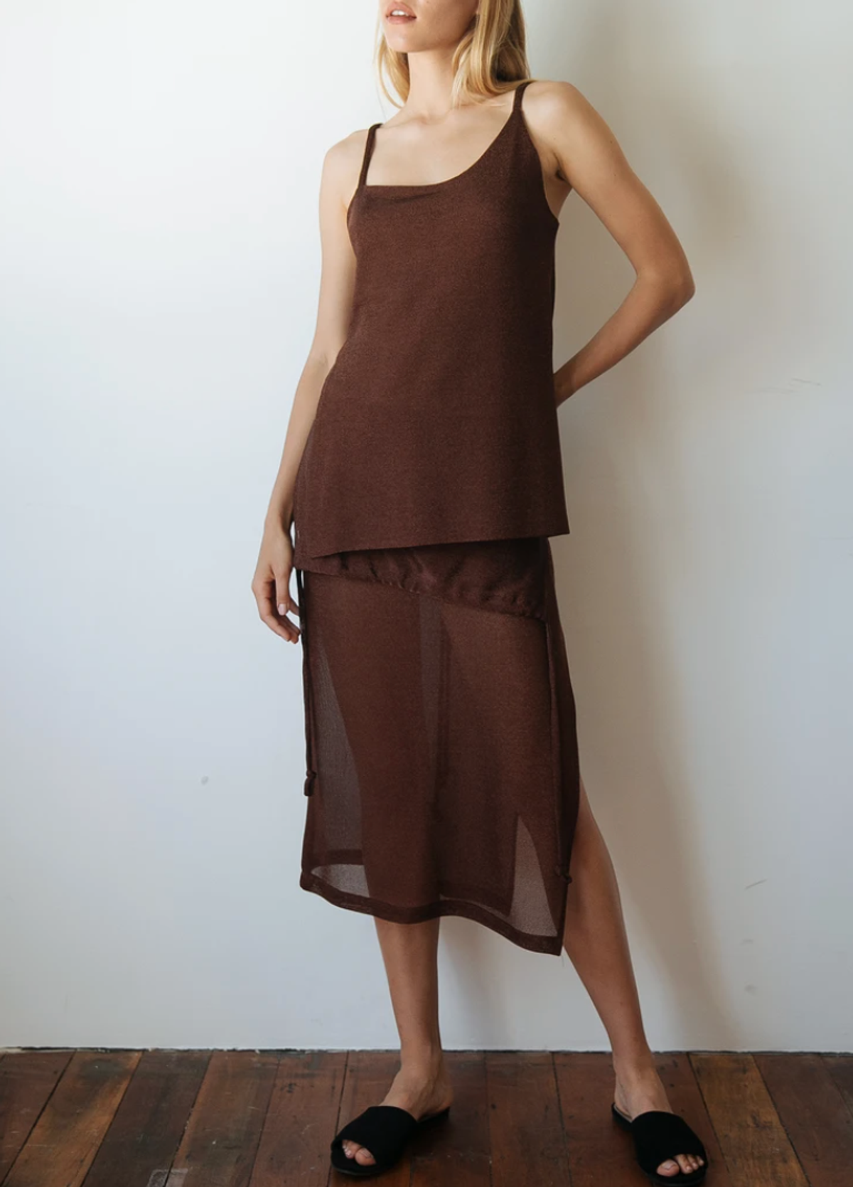 Kacey Delvin Multi Wear Temperate Midi Skirt with Single Side Split Brown Size 12 - Image 3