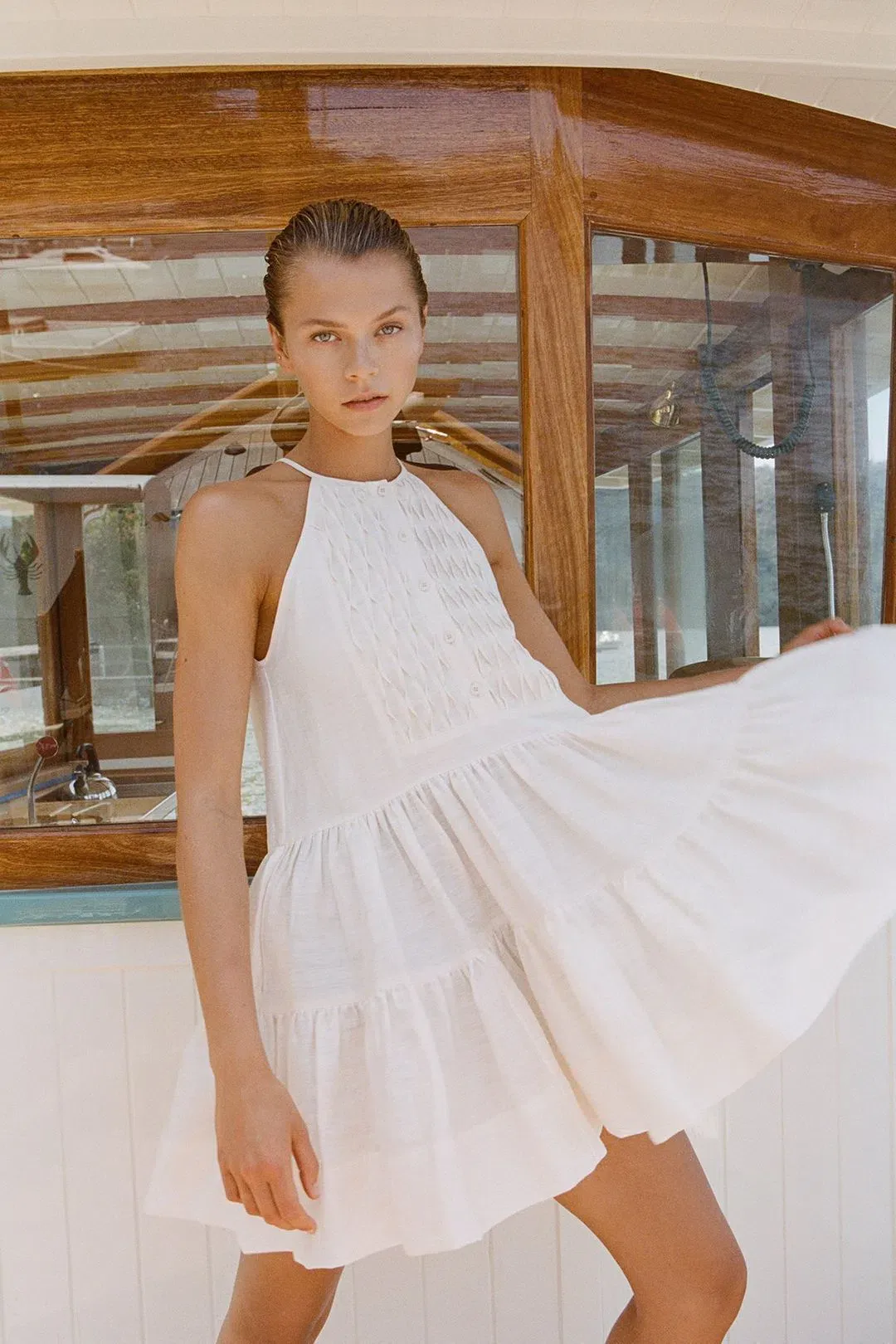 Shona Joy Margaux Linen Sleeveless Tuxedo Mini Dress Ecru Size 8 for rent on The Volte - main image