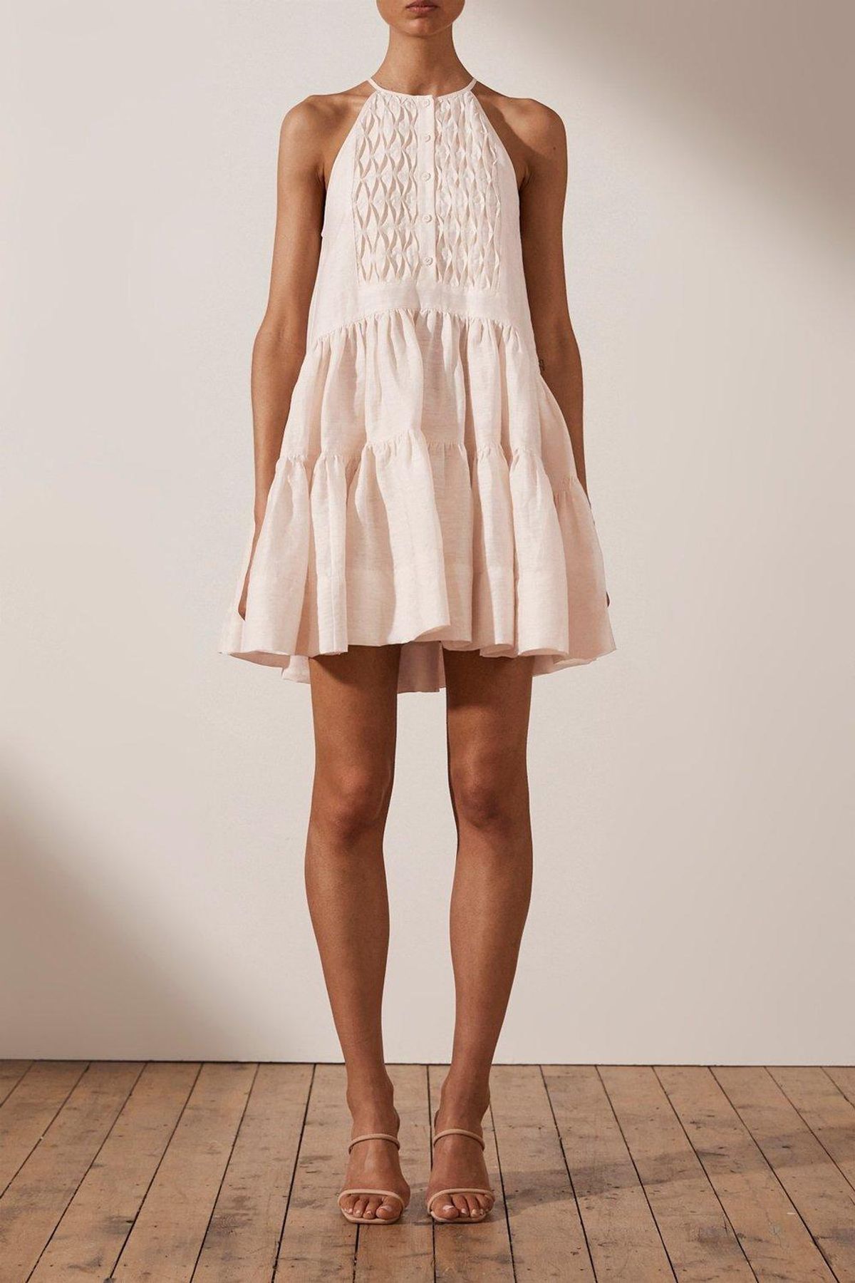 Shona Joy Margaux Linen Sleeveless Tuxedo Mini Dress Ecru Size 8 for rent on The Volte - main image