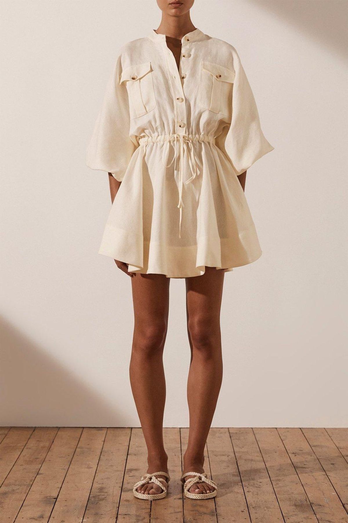 Shona Joy Brodie Linen Balloon Sleeve Dress White Size 8 - Image 1