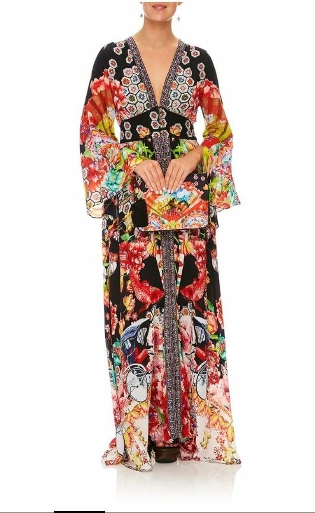 Camilla Painted Land Kimono Sleeve Dress with Shirring Detail Print Size 12 for rent on The Volte - main image