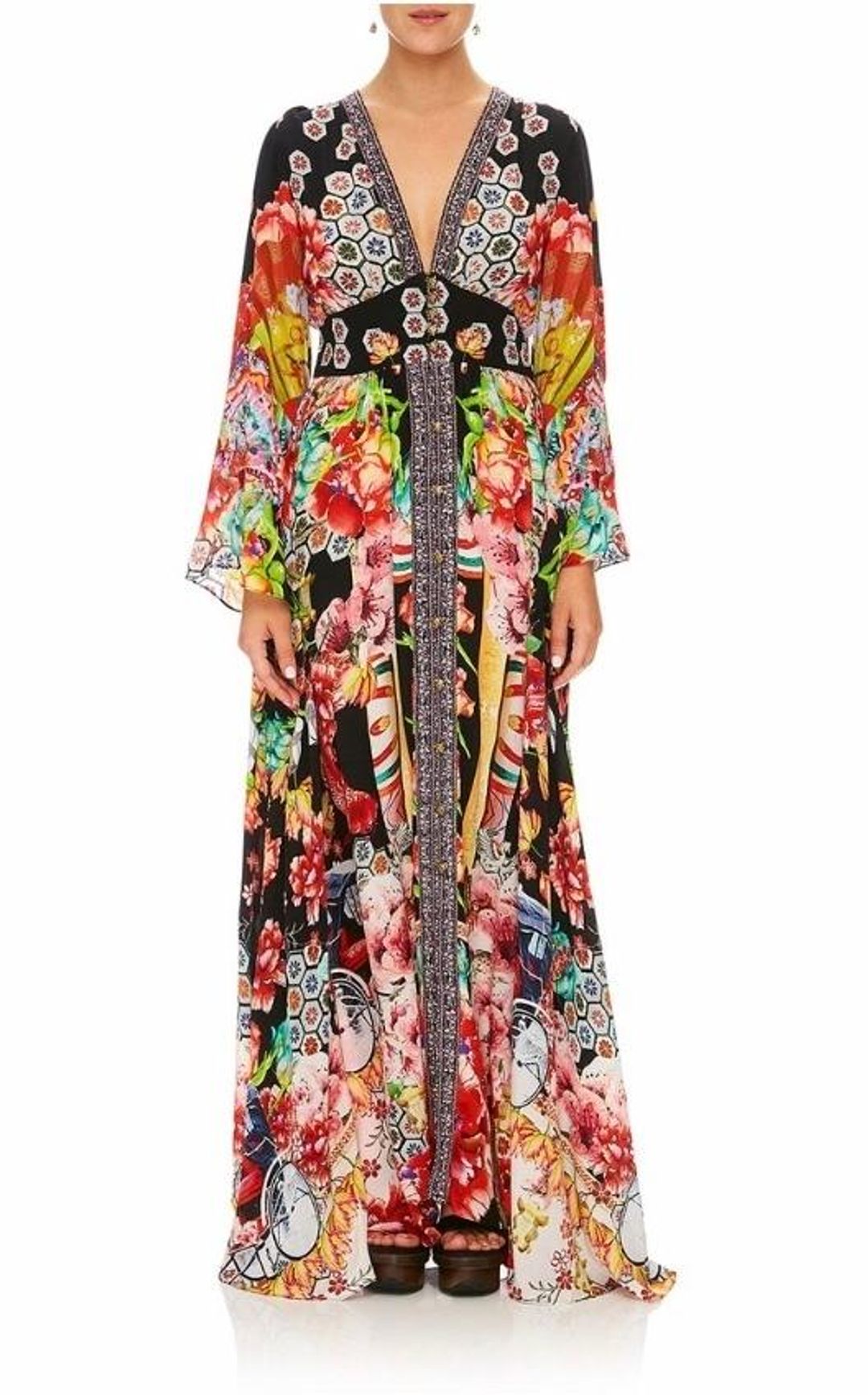 Camilla Painted Land Kimono Sleeve Dress with Shirring Detail Print Size 12 for rent on The Volte - main image