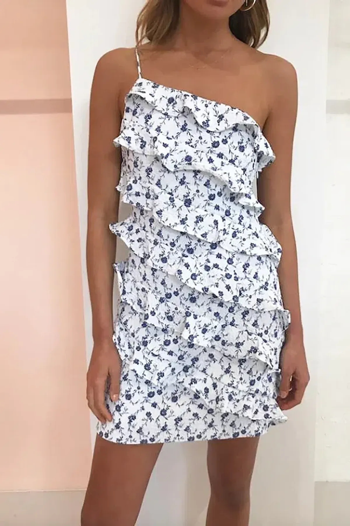 New Romantics Fleur One Shoulder Mini Dress in Indigo Blooms Size 8 - Image 1