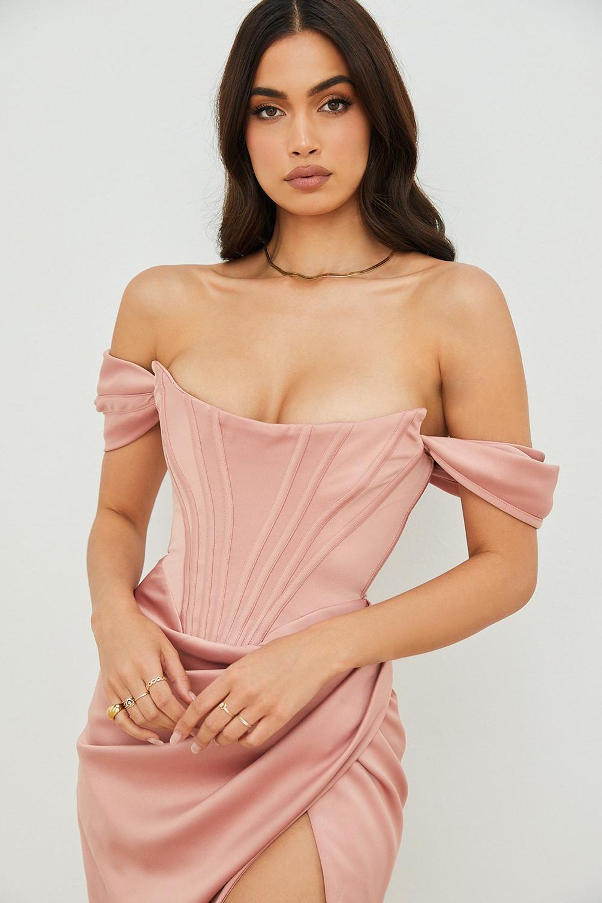 House Of CB Loretta Blush Satin Off Shoulder Midi Dress Pink Size 8 - Image 5