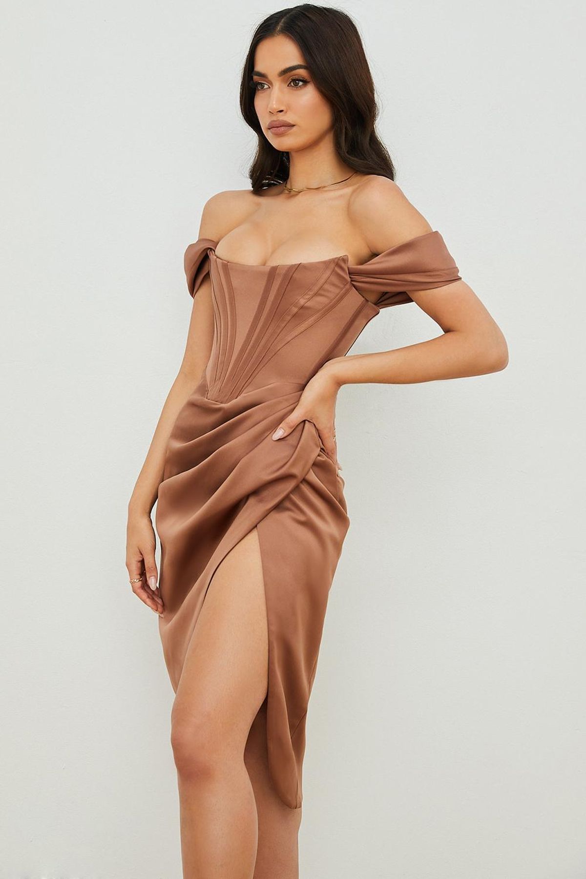 House Of CB Loretta Satin Off Shoulder Midi Dress Brown Size 8 - Image 2