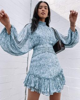 Shona Joy Harmony High Neck Ruched Mini Dress Blue Size 6 for rent on The Volte - image 2