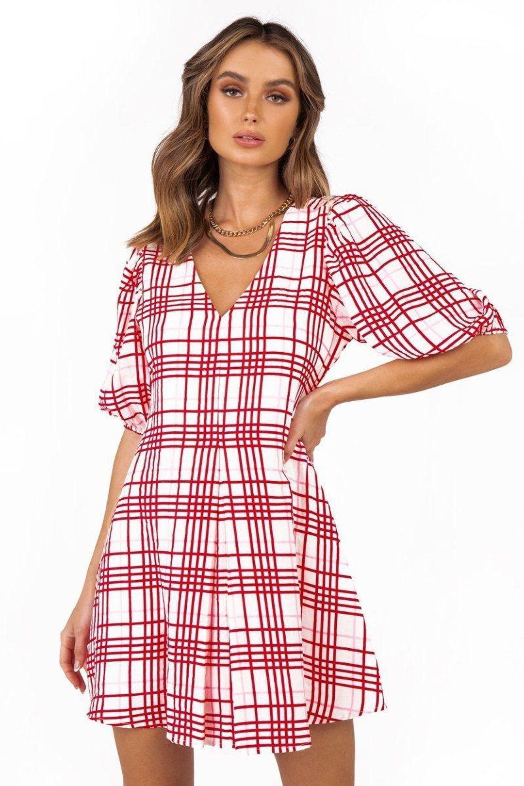 Dissh Emme Pink Check Mini Dress Print Size 8 for rent on The Volte - main image