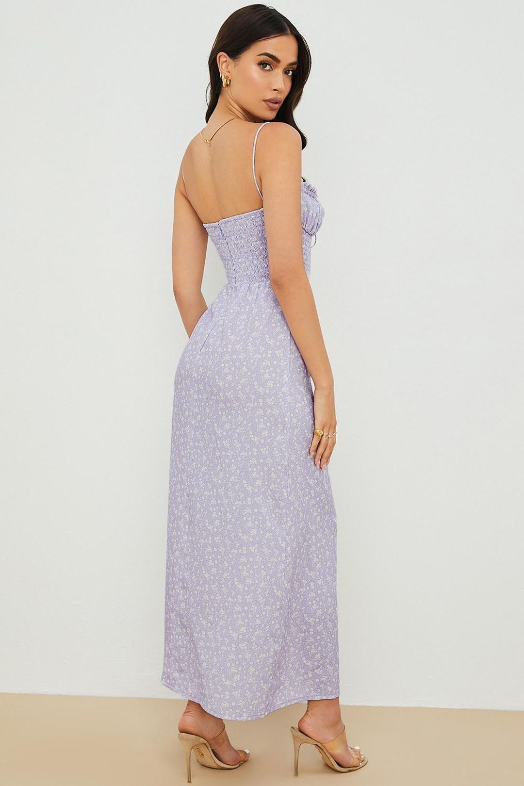 House of CB Janelle Shirred Ankle Maxi Dress Lilac Floral Size 14 for rent on The Volte - main image