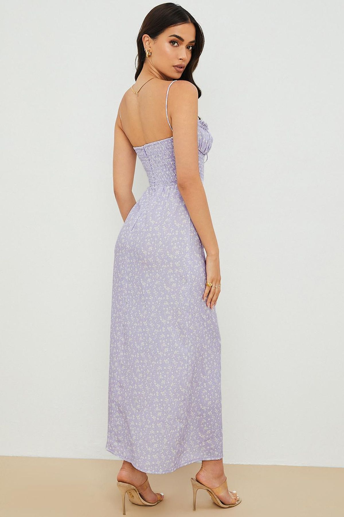 House of CB Janelle Shirred Ankle Maxi Dress Lilac Floral Size 14 - Image 3